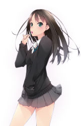 Rule 34 | 10s, 1girl, blush, brown hair, buttons, candy, cardigan, earrings, food, green eyes, hand in pocket, highres, idolmaster, idolmaster cinderella girls, jewelry, lollipop, long hair, looking at viewer, murakami suigun, necklace, necktie, open mouth, school uniform, shibuya rin, simple background, skirt, solo, white background