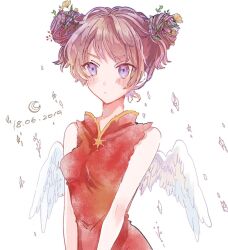 Rule 34 | 1girl, 2019, angel wings, bare arms, blue eyes, blush, breasts, brown hair, china dress, chinese clothes, closed mouth, crescent, dated, double bun, dress, feathered wings, flower, hair bun, hair flower, hair ornament, highres, looking at viewer, medium breasts, original, purple eyes, red dress, short hair, simple background, sleeveless, sleeveless dress, solo, srnmomo, star (symbol), upper body, white background, white wings, wings, yellow flower