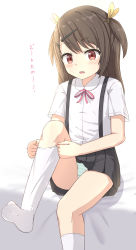 Rule 34 | 1girl, bed sheet, black skirt, blouse, blush, brown eyes, brown hair, collared shirt, commentary request, dress shirt, fang, female focus, hair ornament, hair ribbon, hairclip, highres, kneehighs, long hair, looking at viewer, neck ribbon, no shoes, on bed, open mouth, original, panties, pink ribbon, pleated skirt, ribbon, shirt, sitting, skirt, socks, soles, solo, striped clothes, striped panties, suspender skirt, suspenders, takasuma hiro, translation request, two side up, underwear, white background, white shirt, white socks, yellow ribbon