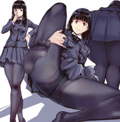 Rule 34 | 1girl, ass, black hair, brown eyes, buttons, commentary request, crotch seam, double-breasted, feet, grey jacket, grey skirt, gusset, jacket, kamisimo 90, knee up, kneepits, legs together, long hair, long sleeves, looking at viewer, multiple views, original, panties, panties under pantyhose, pantyhose, pleated skirt, shirt, skirt, tights girl (kamisimo 90), toes, underwear, uniform, weapon, white shirt