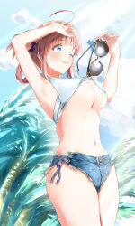 Rule 34 | 1girl, ;), absurdres, ahoge, akane (getwild23), armpits, arms up, bikini, bikini top lift, bikini top only, blue eyes, blue shorts, blue sky, blush, breasts, brown hair, clothes lift, commentary request, cowboy shot, cutoffs, day, denim, denim shorts, eyewear hang, unworn eyewear, hair rings, highres, holding, holding removed eyewear, large breasts, lifted by self, light rays, looking afar, looking away, navel, one eye closed, one side up, original, outdoors, palm tree, short hair, short shorts, shorts, side-tie shorts, sky, smile, solo, stomach, sunbeam, sunglasses, sunglasses removed, sunlight, swimsuit, tree, underboob, white bikini