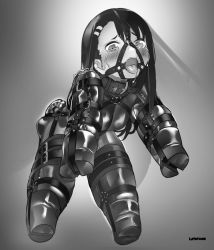 Rule 34 | 1girl, absurdres, bdsm, black hair, bondage, bound, crying, crying with eyes open, drooling, gag, gagged, harness, harness gag, highres, ijiranaide nagatoro-san, latex, latex suit, lumpychan, monochrome, nagatoro hayase, pet play, piddlefours, ring gag, shiny clothes, skin tight, tears