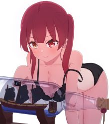 Rule 34 | 1girl, black panties, blush, bottle, bra, breasts, closed mouth, hair over shoulder, heterochromia, highres, hololive, houshou marine, large breasts, loeldrive, panties, red eyes, ship, ship in a bottle, simple background, solo, underwear, underwear only, virtual youtuber, watercraft, white background, yellow eyes