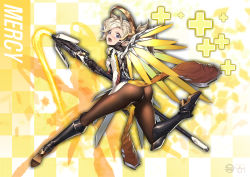 Rule 34 | 1girl, armor, artist name, ass, blonde hair, blue eyes, blush, bodysuit, breasts, brown pantyhose, checkered background, covering privates, covering crotch, embarrassed, emblem, energy beam, faulds, from behind, full body, glowing, glowing wings, greaves, halo, high ponytail, highres, holding, holding staff, ing9, looking at viewer, looking back, mechanical halo, mechanical wings, medium breasts, mercy (overwatch), open mouth, overwatch, overwatch 1, pantyhose, pelvic curtain, signature, solo, spread wings, staff, watermark, wings, yellow wings, zoom layer