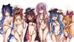 Rule 34 | 6+girls, alternate costume, bare shoulders, black hat, blue eyes, blue hair, blush, bow, breasts, brown hair, cape, clothes writing, drill hair, food, fruit, glasses, hair between eyes, hair bow, hat, hat bow, hat ribbon, hata no kokoro, hinanawi tenshi, horn ornament, horn ribbon, horns, ibuki suika, karua m, leaf, long hair, looking at viewer, low twintails, multiple girls, one eye closed, oni, open mouth, orange hair, peach, red-framed eyewear, red eyes, ribbon, short hair, simple background, single horn, smile, sunglasses, swimsuit, top hat, touhou, twin drills, twintails, underwear, usami sumireko, white bow, yorigami jo&#039;on, yorigami shion