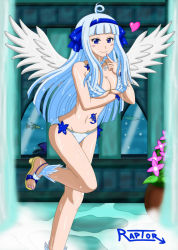 Rule 34 | 1girl, angel (fairy tail), artist request, bare shoulders, bikini, blue eyes, blue hair, blush, bra, breasts, cleavage, fairy tail, female focus, hairband, heart, high heels, highres, large breasts, long hair, looking at viewer, matching hair/eyes, panties, shoes, smile, solo, swimsuit, underwear, white hair, wings