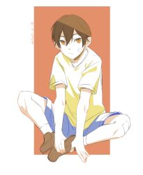 Rule 34 | 1boy, :/, bandage on face, bandage on knee, bandages, blue shorts, brown footwear, brown hair, chinese commentary, closed mouth, commentary request, dated, hair between eyes, highres, jabuchi you, male focus, orange eyes, pale skin, saibou shinkyoku, shehan heqi, shirt, shoes, short sleeves, shorts, sitting, socks, solo, t-shirt, white socks, yellow shirt