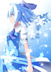 Rule 34 | 1girl, ahoge, arched back, ascot, blue eyes, blue hair, bow, cirno, clenched hands, dress, gradient background, hair bow, light smile, matching hair/eyes, ochakan, profile, short hair, short sleeves, snowflakes, solo, touhou