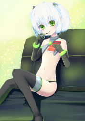 Rule 34 | 1girl, bad deviantart id, bad id, boots, food, gloves, green eyes, hair ornament, highres, original, pocky, pointy ears, radiation symbol, randgrids, solo, twintails, white hair