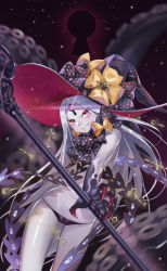 Rule 34 | 1girl, abigail williams (fate), abigail williams (third ascension) (fate), black bow, black panties, bow, cameltoe, claws, evil grin, evil smile, fate/grand order, fate (series), grey hair, grin, hat, highres, jiji (pixiv10646874), key, keyhole, long hair, looking at viewer, navel, orange bow, pale skin, panties, polka dot, polka dot bow, red eyes, revealing clothes, smile, solo, tentacles, third eye, underwear, very long hair, witch hat