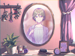 Rule 34 | 1girl, aged up, blurry, bottle, chromatic aberration, closed mouth, collarbone, commentary request, curtains, day, double-parted bangs, dried flower, flower, green hair, grey shirt, hair between eyes, hair brush, highres, holding strap, indoors, jacket, kagerou project, kido tsubomi, looking at mirror, looking at viewer, mirror, mokemoke chan, open clothes, open jacket, perfume (cosmetics), perfume bottle, picture frame, pink jacket, plant, potted plant, purple eyes, purple flower, red flower, shirt, short hair, smile, solo, table, upper body, white flower, window