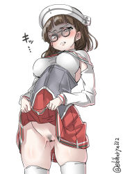 Rule 34 | 1girl, blush, breasts, brown eyes, brown hair, censored, clothes lift, cowboy shot, disgust, ebifurya, eyewear strap, female pubic hair, glasses, gluteal fold, groin, hat, highres, kantai collection, lifting own clothes, long hair, long sleeves, looking at viewer, medium breasts, no panties, pince-nez, pleated skirt, pubic hair, pussy, red skirt, roma (kancolle), shaded face, short hair, simple background, skirt, skirt lift, solo, standing, thighhighs, translation request, twitter username, white background, white thighhighs