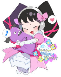 Rule 34 | 1girl, :d, ^ ^, black hair, blue flower, blush, bow, closed eyes, commentary request, cropped legs, dress, elbow gloves, facing another, fangs, flower, gajira (pripara), gaaruru (pripara), gloves, hair bow, happy birthday, headphones, heart, hug, long hair, moudoku (decopon3rd), musical note, open mouth, pink bow, pink dress, pretty series, pripara, puffy short sleeves, puffy sleeves, short sleeves, smile, spoken heart, spoken musical note, twintails, white gloves, yellow flower