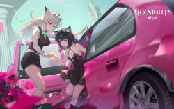 Rule 34 | absurdres, animal ears, aqua eyes, arknights, black dress, black hair, black shorts, black vest, blush, bow, breasts, building, bunting, buttons, car, cleavage, commentary request, dress, fang, flower, gem, green bow, hair between eyes, hand grab, highres, jewelry, lappland (arknights), leaf, lens flare, long hair, long sleeves, motor vehicle, necklace, open mouth, outdoors, pearl necklace, pendant, petals, pillar, shirt, short shorts, shorts, silver hair, sky, smile, somna, texas (arknights), thighs, vest, white shirt, yellow eyes