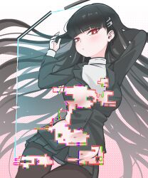 Rule 34 | arm behind head, black hair, black jacket, black pantyhose, black skirt, blue archive, blunt bangs, blush, breasts, bright pupils, censored, closed mouth, glitch, glitch censor, gradient background, hair ornament, hairclip, halo, highres, jacket, large breasts, long hair, long sleeves, looking at viewer, lying, mechanical halo, miniskirt, narrowed eyes, navel, on back, panties, panties under pantyhose, pantyhose, pleated skirt, polka dot, polka dot background, red eyes, ringed eyes, rio (blue archive), shoeguy, skirt, stomach, straight hair, sweater, thigh gap, turtleneck, turtleneck sweater, underwear, very long hair, white pupils, white sweater