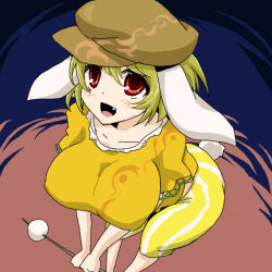 Rule 34 | 1girl, animal ears, beret, blonde hair, breasts, rabbit ears, rabbit tail, collarbone, dango, fang, female focus, food, from above, hat, large breasts, legacy of lunatic kingdom, oro (zetsubou girl), red eyes, ringo (touhou), simple background, skewer, solo, tail, touhou, wagashi
