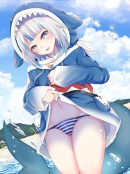 Rule 34 | 1girl, absurdres, beach, blue eyes, cloud, fins, fish tail, gawr gura, gawr gura (1st costume), highres, hololive, hololive english, hood, hoodie, lens flare, lifted by self, medium hair, navel, ocean, paddy san, panties, shark, shark tail, silver hair, solo, striped clothes, striped panties, tail, underwear, virtual youtuber