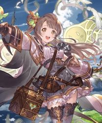 Rule 34 | 1girl, artist name, artist request, bag, bare shoulders, bijon (vision11014011), black gloves, blue sky, blush, breasts, brown eyes, brown hair, carrying, carrying bag, cloud, collared shirt, day, earrings, female focus, gloves, granblue fantasy, green skirt, grey hair, holding, holding scepter, jewelry, light brown hair, long hair, love live!, love live! school idol festival, love live! school idol project, minami kotori, outdoors, parted lips, scepter, shirt, skirt, sky, small breasts, smile, solo, white shirt