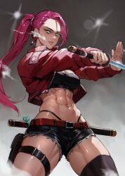 Rule 34 | 1girl, abs, belt, character request, copyright request, cropped jacket, denim, denim shorts, earrings, high ponytail, highres, holding, holding sword, holding weapon, jacket, jewelry, lipstick, makeup, pink hair, robusta mania, scabbard, sheath, shorts, simple background, solo, sword, weapon