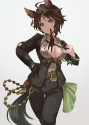 Rule 34 | 1girl, ahoge, animal ears, aqua eyes, belt, black gloves, black jacket, black pants, breasts, breasts apart, brown hair, center frills, collarbone, collared shirt, commentary request, earrings, feet out of frame, frills, fuji kiseki (umamusume), glove in mouth, gloves, grey background, hand on own hip, highres, horse ears, horse girl, horse tail, jacket, jewelry, long sleeves, looking at viewer, medium breasts, mouth hold, necktie, neckwear grab, pants, satomura kyou, shirt, short hair, simple background, single earring, single glove, smile, solo, tail, umamusume, white shirt