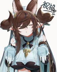 Rule 34 | 1girl, animal ears, artist name, breasts, brown hair, brown horns, cape, closed eyes, commentary, draph, eyelashes, frilled sleeves, frills, galleon (granblue fantasy), gloves, granblue fantasy, hair between eyes, hair ornament, hairclip, headdress, highres, horns, huge breasts, imminent kiss, large breasts, long hair, messy hair, midriff, multicolored hair, pointy ears, reaching, reaching towards viewer, signature, solo, streaked hair, white gloves, yuindesu