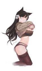 Rule 34 | 1girl, animal ears, ass, atago (azur lane), azur lane, bra, breasts, brown bra, brown hair, brown sweater, brown thighhighs, feet out of frame, from side, garter belt, highres, jewelry, large breasts, long hair, looking at viewer, ring, solo, sweater, thighhighs, underwear, undressing, wedding ring, yellow eyes, yueguang zhanglang