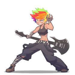 Rule 34 | 1girl, agony (omnizoa), black pants, borrowed character, brown footwear, commission, fingerless gloves, freckles, gloves, guitar, hand up, holding, holding instrument, instrument, midriff, multicolored hair, navel, original, pants, parted lips, rainbow hair, shoes, short hair, simple background, smile, socks, solo, striped clothes, striped gloves, striped socks, the pink pirate, white background