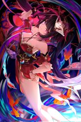 Rule 34 | 1girl, bare legs, bare shoulders, black hair, black sash, breasts, cleavage, commentary, criss-cross halter, detached sleeves, dress, eyeshadow, facial mark, feet out of frame, fox mask, halterneck, highres, honkai: star rail, honkai (series), jand (han 0929), large breasts, looking at viewer, makeup, mask, mask on head, o-ring, obi, pink eyes, red dress, sash, short sleeves, smile, solo, sparkle (honkai: star rail), thighs, twintails, uneven eyes