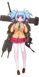 Rule 34 | 1girl, ammunition, aqua hair, artist request, assault rifle, backpack, bag, bullet girls, bullpup, cardigan, character request, drill hair, explosive, fgm-148 javelin, full body, grenade, gun, hand grenade, howa type 89, loafers, long sleeves, looking at viewer, m1 bazooka, necktie, official art, open mouth, p90, personal defense weapon, plaid, plaid skirt, pleated skirt, red eyes, rifle, rocket (projectile), rocket launcher, shoes, simple background, skirt, solo, submachine gun, thighhighs, twintails, weapon, white background, white thighhighs, yukishiro rumi, zettai ryouiki