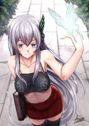 Rule 34 | 1girl, adsouto, bare arms, black thighhighs, breasts, bug, butterfly, butterfly on hand, closed mouth, collarbone, colored eyelashes, cowboy shot, crop top, day, echidna (re:zero), floating hair, grey eyes, grey hair, hair ornament, highres, holding, insect, long hair, medium breasts, midriff, miniskirt, outdoors, pencil skirt, re:zero kara hajimeru isekai seikatsu, red skirt, signature, skirt, smile, solo, standing, stomach, thigh gap, thighhighs, very long hair, zettai ryouiki