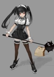 Rule 34 | 1girl, :3, absurdres, animal ears, bag, black dress, black footwear, black hair, black ribbon, black thighhighs, breasts, cat ears, closed mouth, dress, expressionless, full body, grass, grey background, hara shoutarou, highres, holding, holding weapon, kooh, legband, long hair, looking at viewer, mace, maid headdress, neck ribbon, pangya, paper bag, polearm, puffy short sleeves, puffy sleeves, red eyes, ribbon, shadow, short sleeves, simple background, small breasts, solo, spiked mace, spikes, standing, thighhighs, twintails, weapon, wrist cuffs