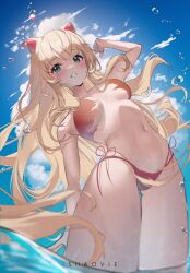 Rule 34 | 1girl, arm up, artist name, blonde hair, blue sky, blush, breasts, bubble, from below, gluteal fold, green eyes, highres, indie virtual youtuber, long hair, looking at viewer, medium breasts, navel, parted lips, partially submerged, shaovie, shaoviie, sideboob, sky, solo, standing, underboob, virtual youtuber, water
