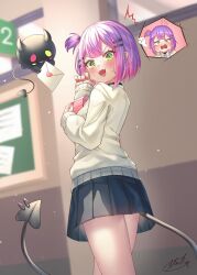 Rule 34 | 1girl, absurdres, bibi (tokoyami towa), black skirt, blush, breasts, chocolate, demon tail, fangs, green eyes, hair ornament, hairclip, highres, hololive, letter, long sleeves, looking at viewer, miko no kamiko, multicolored hair, open mouth, pink hair, purple hair, short hair, skirt, small breasts, smile, sweater, tail, thighs, tokoyami towa, virtual youtuber, yellow sweater