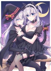Rule 34 | 2girls, alternate costume, animal ears, black cape, black dress, black gloves, black headwear, black pantyhose, black thighhighs, blue eyes, blush, bow, breasts, broom, broom riding, cape, choker, cleavage, crescent, dated, dress, elbow gloves, fake animal ears, fuyutsuki (kancolle), gloves, hair between eyes, halloween, halloween costume, hat, highres, kabocha torute, kantai collection, large breasts, long hair, multiple girls, one side up, pantyhose, parted lips, short sleeves, smile, star (symbol), suzutsuki (kancolle), tail, tail bow, tail ornament, thighhighs, twitter username, very long hair, witch hat, yuri