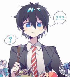 Rule 34 | 1boy, 4others, ?, ??, black hair, black jacket, blazer, blue eyes, blue lock, blush, box, box of chocolates, closed mouth, collared shirt, cowlick, hair between eyes, heart-shaped box, isagi yoichi, jacket, long sleeves, looking at viewer, male focus, multiple others, necktie, open clothes, open jacket, out of frame, raised eyebrows, red necktie, school uniform, sen (5710265), shirt, short hair, sidelocks, simple background, spoken question mark, striped necktie, upper body, white background, white shirt