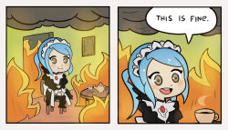 Rule 34 | 1girl, apron, blue hair, burning, burning building, chair, comic, cup, english text, fire, fire emblem, fire emblem fates, flora (fire emblem), grey eyes, gunshow (comic), long hair, maid, maid apron, maid headdress, meme, nintendo, open mouth, parody, ponytail, smile, smoke, solo, speech bubble, splashbrush, spoilers, table, teacup, teapot, this is fine (meme), twintails