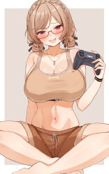 Rule 34 | 1girl, :d, absurdres, bare arms, bare legs, bare shoulders, barefoot, breasts, brown hair, brown shorts, choco tanuki, cleavage, controller, crop top, furen e lustario, game controller, glasses, head tilt, highres, holding, holding controller, holding game controller, indian style, large breasts, looking at viewer, midriff, navel, nijisanji, open mouth, purple eyes, red-framed eyewear, short hair, short shorts, shorts, sitting, smile, solo, sports bra, stomach, thighs, virtual youtuber