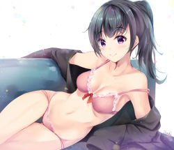 Rule 34 | 1girl, bad id, bad pixiv id, bare shoulders, black hair, black shirt, blush, bow, bow bra, bra, breasts, closed mouth, collarbone, commentary request, gluteal fold, high ponytail, long hair, looking at viewer, md5 mismatch, medium breasts, navel, off shoulder, original, panties, pink bra, pink panties, ponytail, purple eyes, resolution mismatch, shirt, smile, solo, suihi, thigh gap, underwear, white background