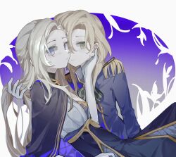 Rule 34 | 2girls, blonde hair, blue background, blue capelet, blue jacket, blue skirt, border, capelet, closed mouth, epaulettes, gloves, gradient background, gwyneth claremont, hand on another&#039;s chin, haobuguniao, highres, jacket, long hair, long sleeves, looking at viewer, medium hair, multiple girls, purple background, purple eyes, rose fryberg, shirt, skirt, volcano princess, white border, white gloves, white shirt, yellow eyes, yuri
