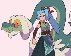 Rule 34 | 1girl, blue hair, clair (new year&#039;s 2024) (pokemon), clair (pokemon), commentary request, creatures (company), drampa, earrings, eyelashes, flipped hair, game freak, gen 7 pokemon, grey background, grin, hair between eyes, hakama, hakama skirt, japanese clothes, jewelry, long hair, looking to the side, nintendo, official alternate costume, pokemon, pokemon (creature), pokemon masters ex, ponytail, red ribbon, ribbon, sash, skirt, smile, standing, teeth, tyako 089