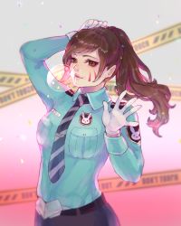 Rule 34 | 1girl, adjusting hair, animal print, blowing bubbles, blue shirt, breast pocket, brown eyes, brown hair, caution tape, chewing gum, collared shirt, confetti, d.va (overwatch), facepaint, facial mark, gloves, gradient background, hand in own hair, hands up, long hair, long sleeves, necktie, officer d.va, official alternate costume, overwatch, overwatch 1, pocket, rabbit print, red background, rose (jaakotodile), shirt, solo, striped necktie, striped neckwear, waving, whisker markings, white background, white gloves