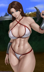 Rule 34 | 1girl, abs, alternate eye color, artist name, bikini, blue eyes, breasts, brown hair, cameltoe, cleavage, collarbone, covered erect nipples, female focus, golden axe, highleg, highleg bikini, highleg swimsuit, highres, holding, holding sword, holding weapon, large breasts, limgae, long hair, looking at viewer, multicolored bikini, multicolored clothes, muscular, muscular female, navel, nipples, outdoors, over shoulder, parted lips, patreon username, red bikini, sega, smile, solo, standing, swimsuit, sword, sword over shoulder, teeth, thick thighs, thighs, toned, tree, tyris flare, watermark, weapon, weapon over shoulder, web address, white bikini, wide hips, wristband