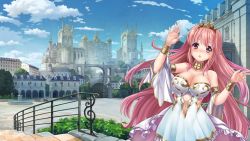 Rule 34 | 1girl, :o, bare shoulders, blue dress, blue sky, blush, bracer, breasts, building, bush, castle, city, cleavage, cloud, cloudy sky, collar, collarbone, cowboy shot, crown, cuffs, day, dmm, dress, fountain, frilled dress, frills, gate, girls symphony, gradient dress, hands up, highres, lamppost, large breasts, long hair, looking at viewer, nose blush, open mouth, outdoors, palace, pink hair, purple eyes, railing, sky, skyline, solo, stairs, standing, strapless, strapless dress, symphony x, tareme, tiara, town, tree, very long hair, w arms, wallpaper