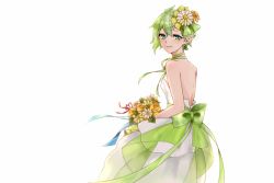Rule 34 | 1girl, backless dress, backless outfit, bad id, bad pixiv id, blue ribbon, bouquet, bow, closed mouth, dress, flower, from behind, green bow, green eyes, green hair, green ribbon, hair between eyes, hair bow, hair flower, hair ornament, highres, holding, holding bouquet, kisa (kisa-kisa5900), layered dress, long dress, looking at viewer, looking back, macross, macross delta, neck ribbon, pointy ears, red ribbon, reina prowler, ribbon, short hair, simple background, sleeveless, sleeveless dress, smile, solo, standing, strapless, strapless dress, wedding dress, white background, white dress, white flower, yellow flower
