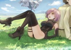 Rule 34 | 1boy, 1girl, :o, akame (akamiru), arm at side, arm support, back, back-to-back, bad id, bad pixiv id, black footwear, black gloves, black thighhighs, blue sky, blush, brown eyes, brown hair, cloud, copyright name, creature, day, fate/grand order, fate (series), fou (fate), fujimaru ritsuka (male), gloves, grass, hair over one eye, high heels, leaning back, leotard, mash kyrielight, mountain, on ground, one eye covered, open mouth, out of frame, outdoors, purple hair, sash, shade, shoes, short hair, sky, sleeveless, sweat, thigh strap, thighhighs, twitter username