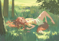 Rule 34 | 1girl, absurdres, animal ears, barefoot, bright pupils, brown eyes, brown hair, chinese commentary, closed mouth, commentary request, dappled sunlight, day, dress, from side, full body, grass, hair spread out, hand on own stomach, hand up, happy, highres, holo, jewelry, knees together feet apart, knees up, long hair, looking at viewer, lying, nature, necklace, on back, on grass, outdoors, partially unbuttoned, shirt, short dress, short sleeves, smile, soles, solo, spice and wolf, sunlight, tail, tsurime, white dress, wolf ears, wolf girl, wolf tail, yellow shirt, zec0606