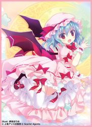 Rule 34 | 1girl, :d, artist name, bat wings, black wings, blue hair, blush, bow, brown footwear, crescent moon, dress, hair between eyes, hat, head tilt, long hair, looking at viewer, looking to the side, mob cap, moon, open mouth, pink dress, pink hat, puffy short sleeves, puffy sleeves, red bow, red eyes, remilia scarlet, shiwasu horio, shoes, short sleeves, smile, solo, star (symbol), thighhighs, touhou, watermark, white thighhighs, wings