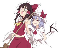Rule 34 | 2girls, :d, arm behind back, ascot, bare shoulders, bat wings, black hair, blue hair, bow, brooch, broom, commentary request, constricted pupils, cowboy shot, crop top, crop top overhang, detached sleeves, dress, fang, hair bow, hair tubes, hakurei reimu, hat, hat bow, holding, holding broom, jewelry, leon (mikiri hassha), long sleeves, midriff, midriff peek, mob cap, multiple girls, navel, open mouth, red ascot, red bow, red eyes, red skirt, remilia scarlet, short hair, sidelocks, simple background, skirt, skirt set, smile, standing, tears, touhou, white background, white dress, white headwear, wide sleeves, wings, yellow ascot
