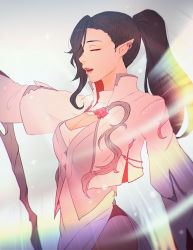 Rule 34 | black hair, breasts, cleavage, cleavage cutout, closed eyes, clothing cutout, cowboy shot, cropped jacket, earrings, elezen, elf, final fantasy, final fantasy xiv, flower, highres, hilda ware, hybrid, hyur, jewelry, koyorin, lily (flower), long hair, long sleeves, medium breasts, open mouth, pointy ears, ponytail, profile, side slit, solo, staff, white mage (final fantasy)
