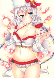Rule 34 | 1girl, armpit crease, avrora (azur lane), azur lane, bare shoulders, bell, blue eyes, blush, bra, braid, breasts, cameltoe, cleavage, closed mouth, collarbone, commentary request, cowboy shot, detached sleeves, fur hat, fur trim, hair ornament, hands up, hat, hat ribbon, head tilt, highres, large breasts, long hair, long sleeves, looking at viewer, navel, panties, red ribbon, ribbon, santa costume, saya pr, smile, solo, standing, stomach, strap pull, thighs, twin braids, twintails, underwear, underwear only, very long hair, white bra, white hair, white panties, wide sleeves, zipper pull tab